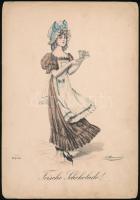 cca 1860 Csokoládé-árus lány litográfia / Chocholate seller girl, lithography 19x28 cm