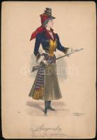 cca 1860 Brigantin / női útonálló litográfia / Brgantin, female thug girl with weapon, lithography signed. C. Heinemann 19x28 cm