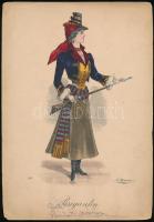 cca 1860 Brigantin / női útonálló litográfia /  Brgantin, female thug girl with weapon, lithography signed. C. Heinemann 19x28 cm