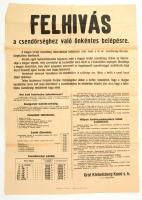 1921-22 Gróf Klebelsberg Kunó felhívása a csendőrséghez való önkéntes belépésre / call to join the Hungarian Gendarmerie, 80×56 cm