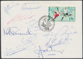 cca 1981 A Menekülés a győzelembe c. film (1981) focista szereplőinek aláírásai emlékborítékon /  cca 1981 Signatures of the football players who played in the 1981 film "Escape to Victory", on envelope