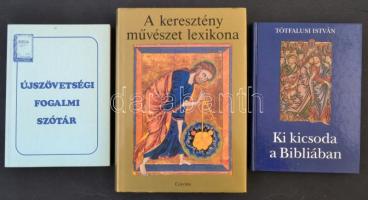 Vallási témájú könyvek, 3 db:  Tótfalusi István: Ki kicsoda a Bibliában. Bp., 1995, Móra. Kiadói kartonált papírkötés. Jó állapotban. Újszövetségi fogalmi szótár. Bp., é.n, Primo Kiadó. Kiadói papírkötés. Jó állapotban.  A keresztény művészet lexikona. Fordította: Harmathné Szilágyi Anikó. Szerk.: Jutta Seibert. Bp., 1994, Corvina. Második kiadás. Kiadói kartonált papírkötés, kiadói papírborítóban. Jó állapotban.