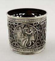 Távol-keleti motívumos ezüst(Ag) pohártartó hibátlan üvegbetéttel, jelzés nélkül, nettó: 106,9 g