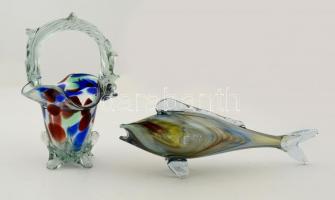 Üveg tétel: Hal és kosár, hibátlan, több rétegű, h:27 cm, m:21 cm
