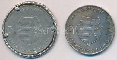 1947. 5Ft Ag "Kossuth" (2x) egyik fém keretbe foglalva T:2-,3 kereten sérülés