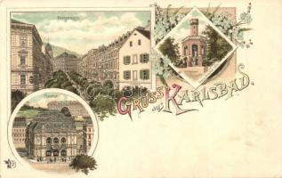 Karlovy Vary, Karlsbad; Parkstrasse, Franz Josephs Höhe, Theater / promenade, lookout tower, theatre, floral, litho
