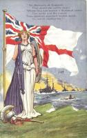 Ye mariners of England... British Royal Navy, flag, battleships, propaganda postcard (EB)