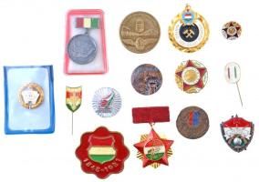 14db-os jelvény, kitűző és érem tétel, főleg a szocialista időszakból, közte "Nehézipar Kiváló Dolgozója" jelvény és miniatűr verziója; "Bányász Szolgálati Érdemérem" aranyozott, zománcozott kitüntetés mellszalag nélkül T:2