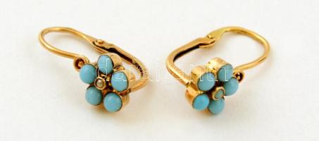 Arany(Au) 14K fülbevalópár türkiz berakással, jelzett, bruttó: 1,1 g
