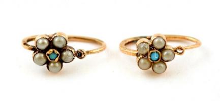 Arany(Au) 14K fülbevalópár gyöngy és türkiz berakással, jelzett, bruttó: 1,3 g