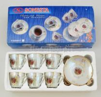Sonesta porcelán mokkás készlet, 6 db csésze+alj, matricás, jelzett, kis kopásnyomokkal, saját dobozában, d: 6,5 cm