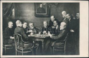 Kártyaparti, fotóreprodukció, rajta Gajári Ödön, Jókai Mór, hátoldalon feliratozva, 9x14 cm