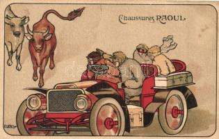 Automobile, cows, Chaussures Raoul advertisement postcard, litho s: R. Caputi (EB)