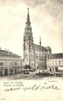 Eszék, Osijek, Esseg; templom, üzletek / church, shops (EK)