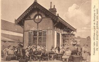 'Francois Lajos 1872-ben a gróf de Montigny és Tsa cég reimsi pezsbő-bor gyárában mint tanuló', a Francois Lajos pezsgőborgyár reklámlapja / Francois Lajos as a student in the Montigny champagne factory, Reims; advertisement card