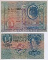 1912. 100K + 1913. 20K mindkettő hamis felülbélyegzésekkel (fake overprints) T:III,III- kis ly., sza...