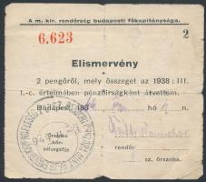 1944 Bp., A M. kir. rendőrség budapesti főkapitánysága által kiállított elismervény pénzbírság megfizetéséről