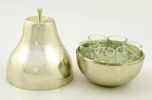 Retró kupicás készlet fém körte alakú tartóban, hibátlan poharak, m:4 cm (6×), m:16 cm