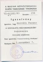 1983. "Szocialista Magyarországért Érdemrend" adományozói okirata és viselői igazolványa H...