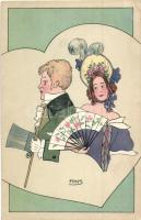 Lady and gentleman with cylinder and cane, Art Deco postcard P. G. W. I. 522-2, litho s: Finis (EK)