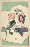 Lady and gentleman with cylinder and cane, Art Deco postcard P. G. W. I. 522-2, litho s: Finis (EK)