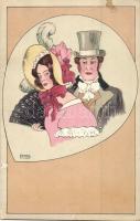 Lady and gentleman with cylinder, Art Deco postcard P. G. W. I. 522-5, litho s: Finis (kis felületi sérülés / minor surface damage)