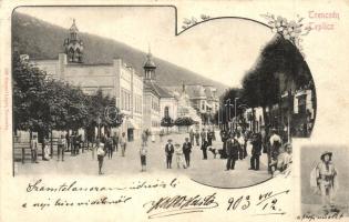 Trencsénteplic, Trencianske Teplice; utcakép, folklór, kiadja Gansel Lipót / street view, folklore, floral