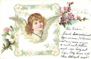 Angel, floral greeting card, litho (EB)