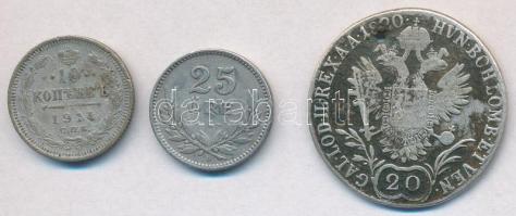 Vegyes: Ausztria 1820A 20kr Ag "I. Ferenc" + Orosz Birodalom 1914. 10k Ag + Svédország 192...