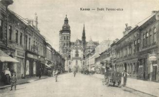 Kassa, Kosice; Deák Ferenc utca, templom, Brück Tóbiás angol úri szabó, szódás kocsi, kiadja Radó Béláné / street, church, tailor, soda cart (vágott / cut)