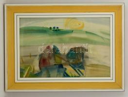 Iványi Ödön (1918-1985): Napos táj. Akvarell, papír, jelzett, üvegezett fa keretben, 38×56 cm