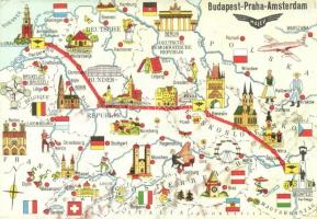 10 db MODERN MALÉV használatlan térképes reklám képeslap / 10 MODERN unused Hungarian Airlines adver...