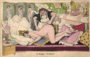 Le Massage / The Massage, humorous erotic art postcard s: Xavier Sager (EK)