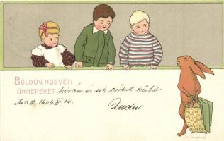 Boldog Húsvéti Ünnepeket / Easter greeting card with children and rabbit, Erika Nr. 1873. litho s: G. Caspari