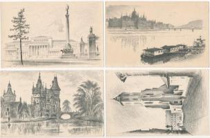 Budapesti látképek, 4 db kisgrafika különböző művészektől (Élesdy, Gerstenbrein, Füle, Nagy), rézkarc, papír, hátoldalon feliratozva, 9×14 cm