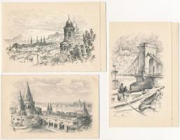 Vertel József (1922-1993): Budapesti látképek, 3 db kisgrafika, rézkarc, papír, hátoldalukon feliratozva, 9×14 cm