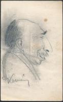 Kemény László (1901-?): Karikatúra, ceruza, papír, Kemény László A Nemzeti Ujság Munkatársa névjegykártyán, 10x6 cm.