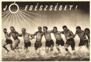 'Jó egészséget!', az Országos Társadalombiztosító Intézet reklámlapja, Egészségvédelmi Főosztály Fiatalkorúak gyógyüdültetése / Advertisment postcard of the Hungarian State Insurance Institute, children on vacation (EK)