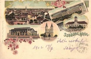 Szabadka, Subotica; Városháza, vasútállomás, templom / town hall, railway station, church, Art Nouveau, floral, litho