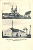 Boldogasszony, Frauenkirchen; utcakép templommal, Villanytelep / Wallfahrtsort, Überlandwerk / street view and church, power plant, J. Schandl