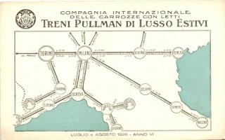 1928 Compagnia Internazionale delle Carrozze con Letti. Treni Pullman di Lusso Estivi / Italian Sleeping car Company advertisement, railroad map (EK)