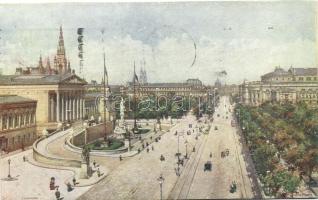 Vienna, Wien I. Parlament with the flags of the Austrian Empire; Ring des 12. November / Franzensring avenue, B.K.W.I. 433-6, s: R. Moser (cut)