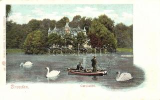 Dresden, Carolasee, Carola-Schlösschen / lake, garden, swans, boat, small castle