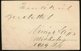 1919 Virágh Lajos üdvözlő sorai és aláírása a Pacsirta előadásán róla és partneréről, Helvey Erzsirő...