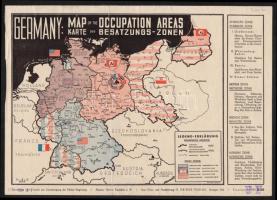 cca 1945-49 Németország térkép a megszállási zónákkal, a hátoldalon ragasztással, javított, német és angol nyelven, 21x29 cm./ cca 1945-49 Germany map, with the occupation areas, with repair on the back, german and english language, 21x29 cm.