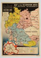 cca 1945-49 Németország térkép a megszállási zónákkal, a hátoldalon ragasztással megerősítve, javított, német, angol, francia és orosz nyelven, 51x39 cm./ cca 1945-49 Germany map, with the occupation areas, with repair on the back, german, english, french, and russian, 51x39 cm.