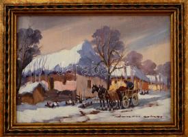Németh György (1888-1962): Falusi utca télen, olaj, fa, jelzett, keretben, 12×17 cm