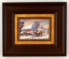 Németh György (1888-1962): Falusi utca télen, olaj, fa, jelzett, keretben, 12×17 cm