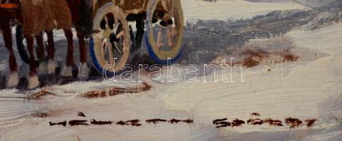 Németh György (1888-1962): Falusi utca télen, olaj, fa, jelzett, keretben, 12×17 cm