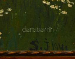 S.J jelzéssel: Hazafelé. Olaj, karton,  sérült, keretben, 30×23 cm